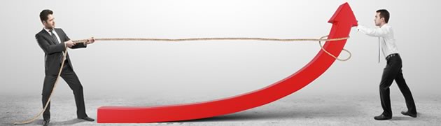 Stock image of two guys pulling up an arrow